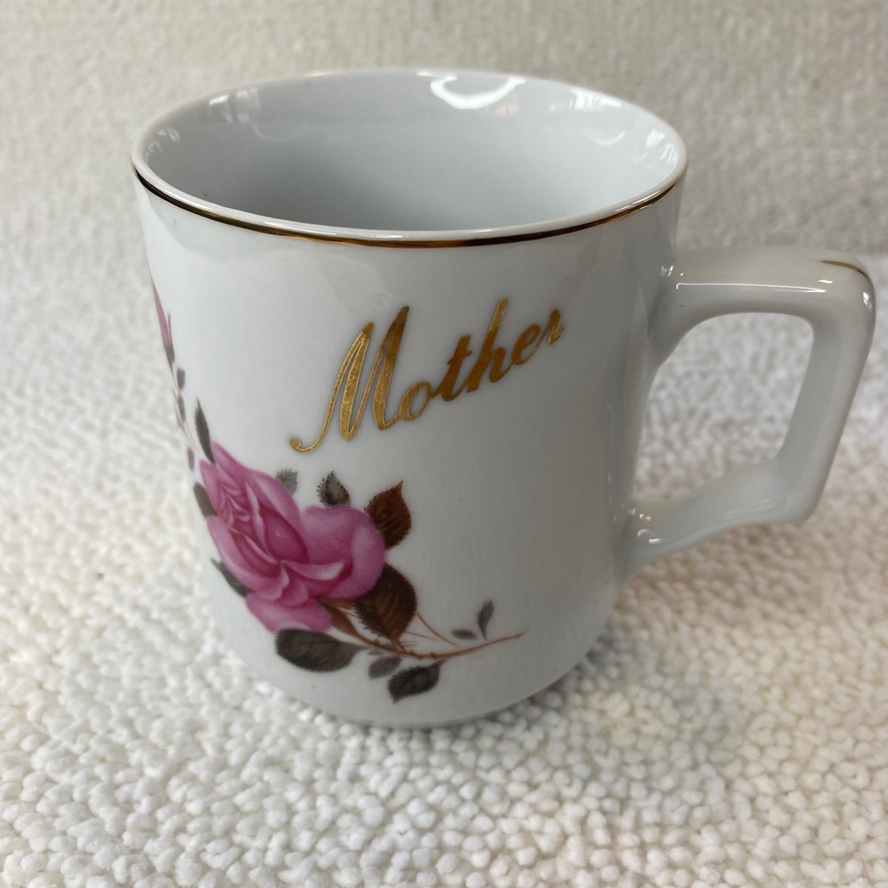 Vintage Mother Porcelain Coffee Mug Pink Rose Floral Gold Rim Tea Cup White